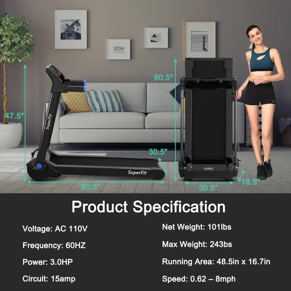3HP Folding Electric Treadmill Running Machine-Blue - Blue - Treadmills