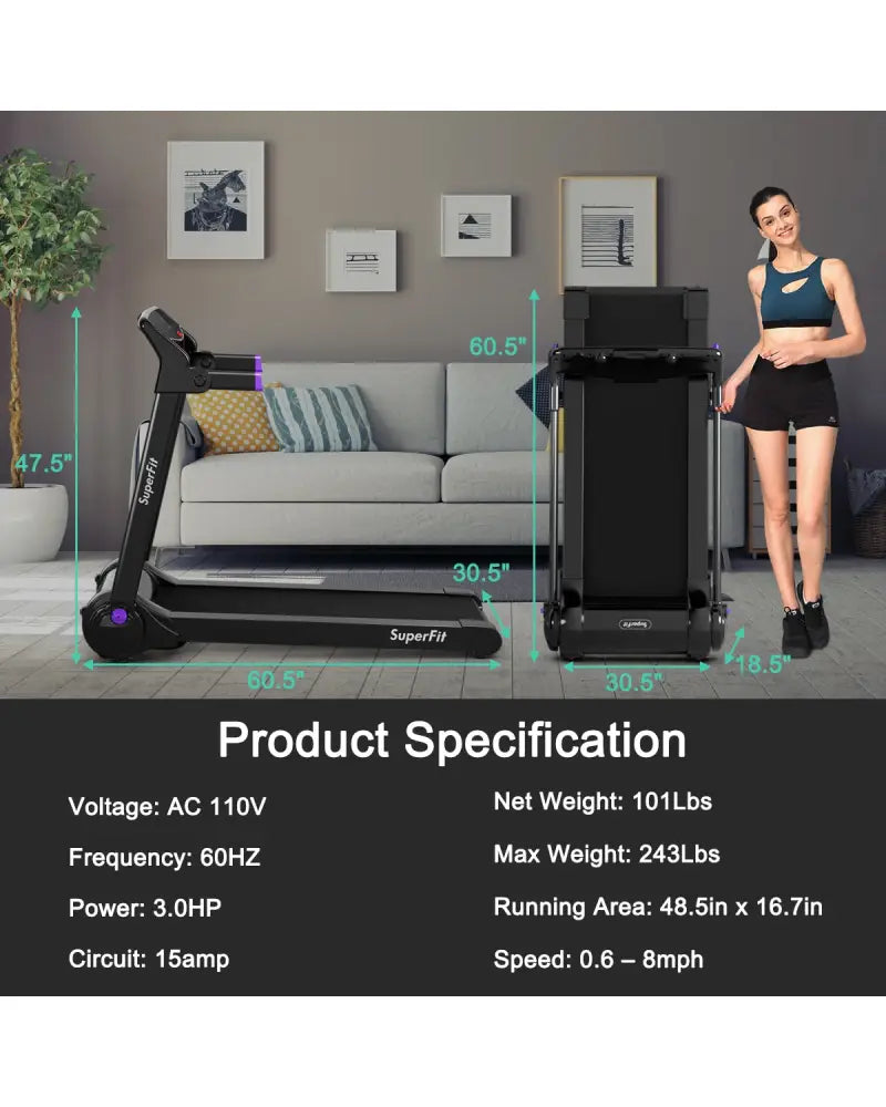 3HP Folding Electric Treadmill Running Machine-Purple - Purple - Treadmills