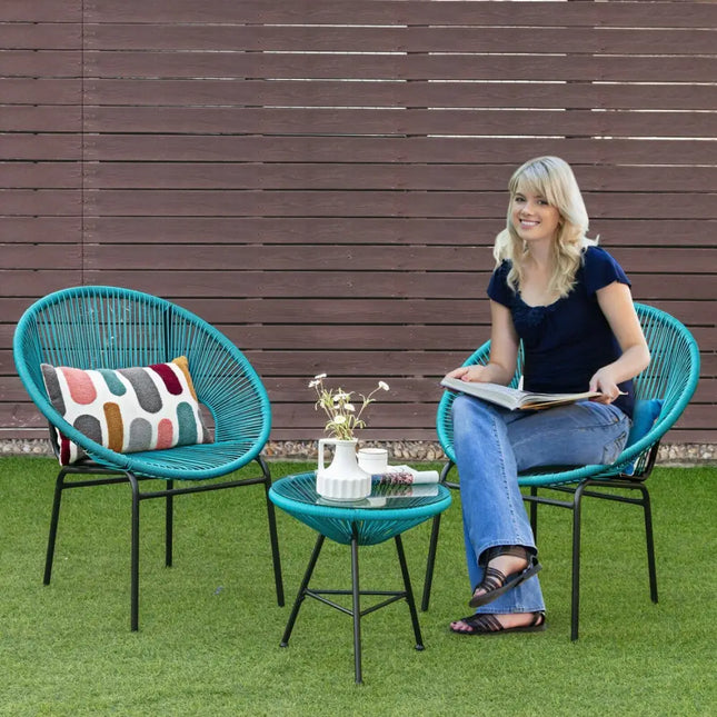 3PCS Patio Acapulco Furniture Bistro Set with GlassTable-Turquoise - Turquoise - Patio Conversation Sets