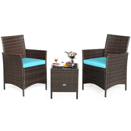 3Pcs Patio Rattan Furniture Set Cushioned Sofa and Glass Tabletop Deck-Blue - Blue - Patio Conversation Sets