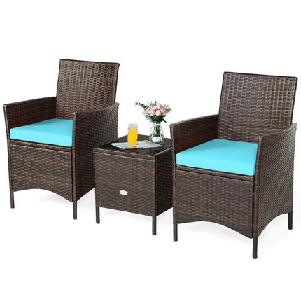 3Pcs Patio Rattan Furniture Set Cushioned Sofa and Glass Tabletop Deck-Blue - Blue - Patio Conversation Sets