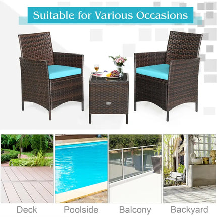 3Pcs Patio Rattan Furniture Set Cushioned Sofa and Glass Tabletop Deck-Blue - Blue - Patio Conversation Sets