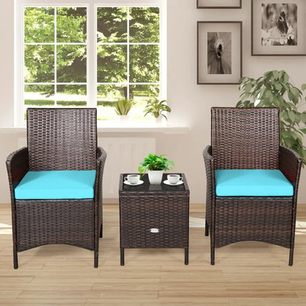 3Pcs Patio Rattan Furniture Set Cushioned Sofa and Glass Tabletop Deck-Blue - Blue - Patio Conversation Sets