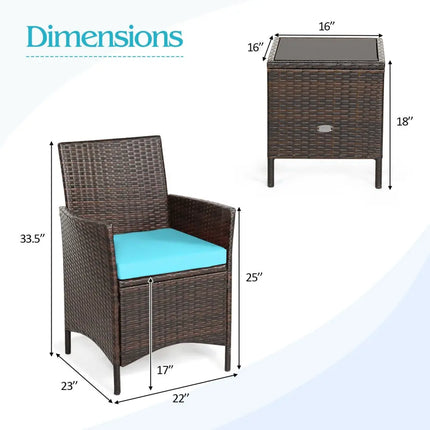 3Pcs Patio Rattan Furniture Set Cushioned Sofa and Glass Tabletop Deck-Blue - Blue - Patio Conversation Sets