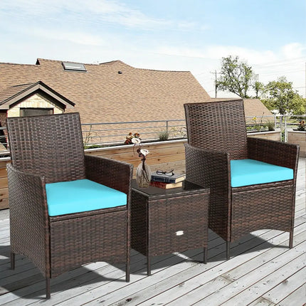 3Pcs Patio Rattan Furniture Set Cushioned Sofa and Glass Tabletop Deck-Blue - Blue - Patio Conversation Sets