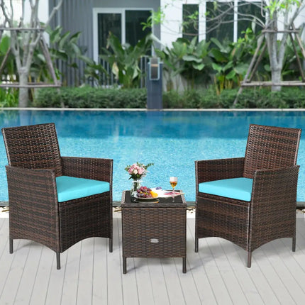 3Pcs Patio Rattan Furniture Set Cushioned Sofa and Glass Tabletop Deck-Blue - Blue - Patio Conversation Sets