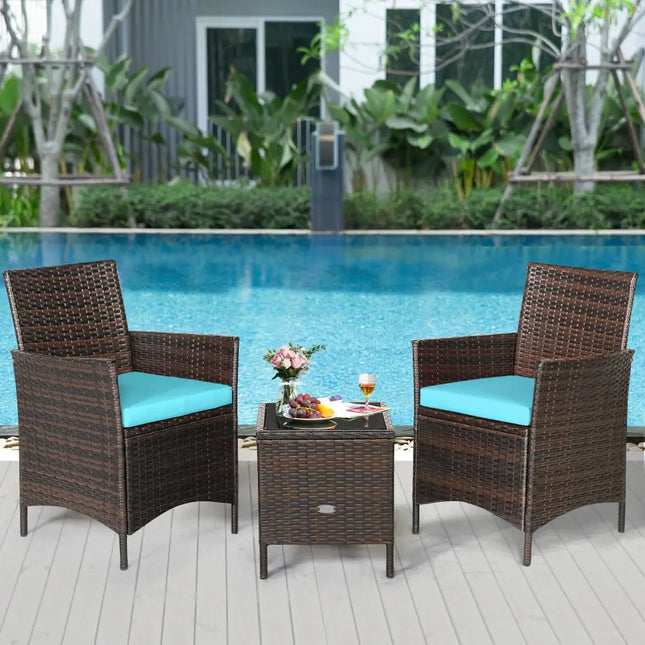 3Pcs Patio Rattan Furniture Set Cushioned Sofa and Glass Tabletop Deck-Blue - Blue - Patio Conversation Sets