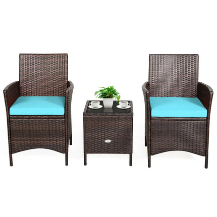 3Pcs Patio Rattan Furniture Set Cushioned Sofa and Glass Tabletop Deck-Blue - Blue - Patio Conversation Sets