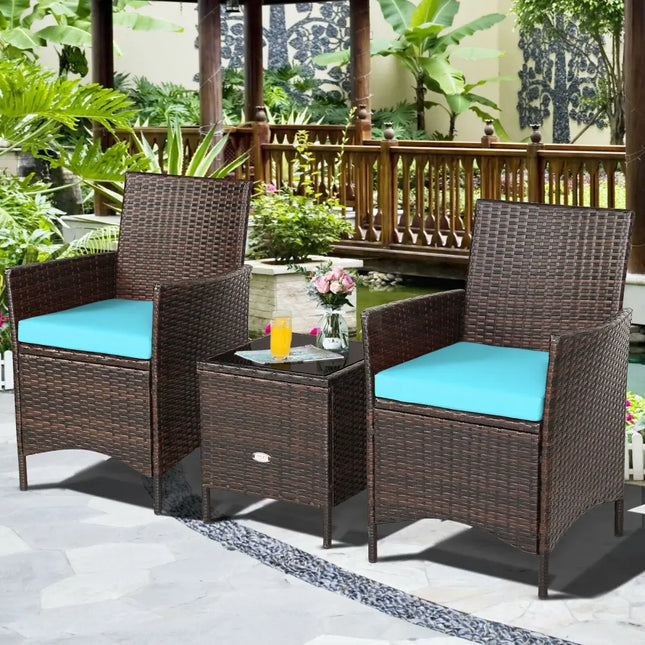 3Pcs Patio Rattan Furniture Set Cushioned Sofa and Glass Tabletop Deck-Blue - Blue - Patio Conversation Sets