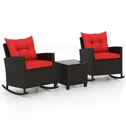 3Piece Patio Rattan Roker Chairs with Tempered Glass Table and Soft CushionsRed - Red - Patio Conversation Sets