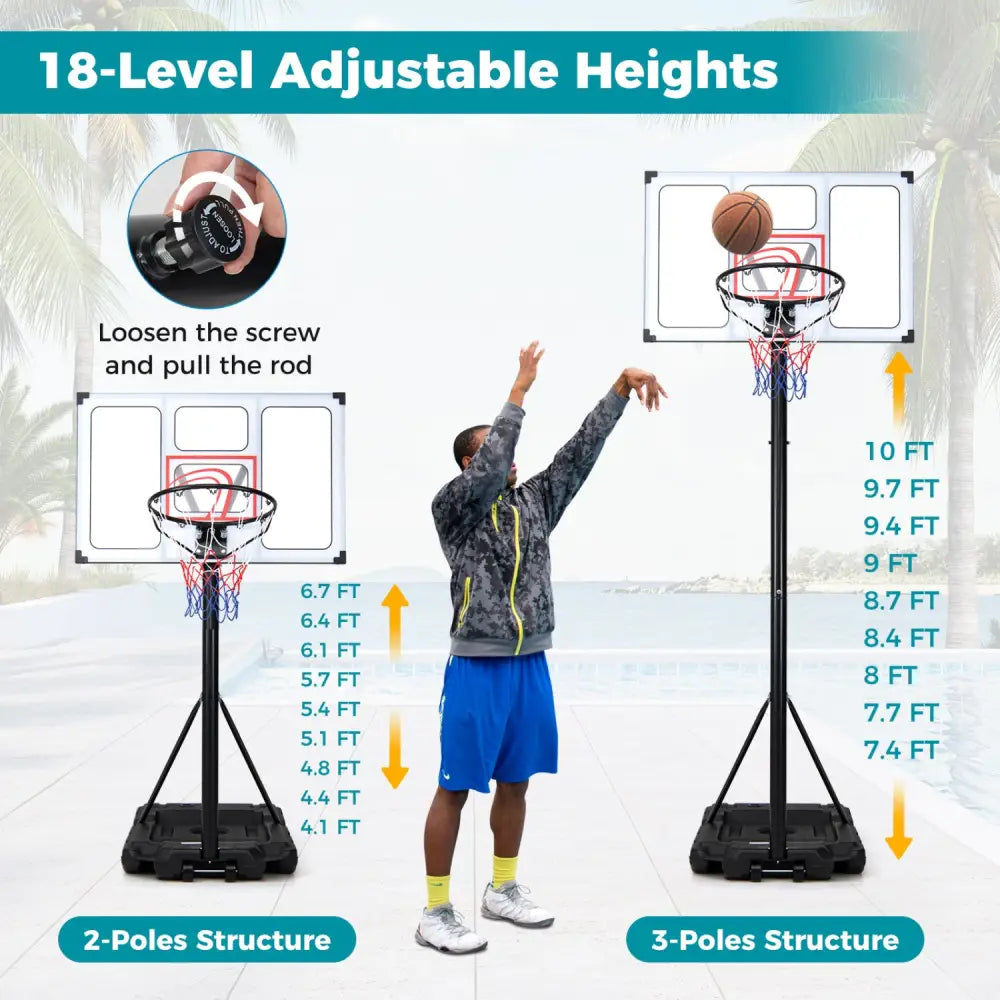 4.1-10 Feet Portable Basketball Hoop 18-Level Adjustable with Heavy Duty Fillable Base - Black & White - Sport