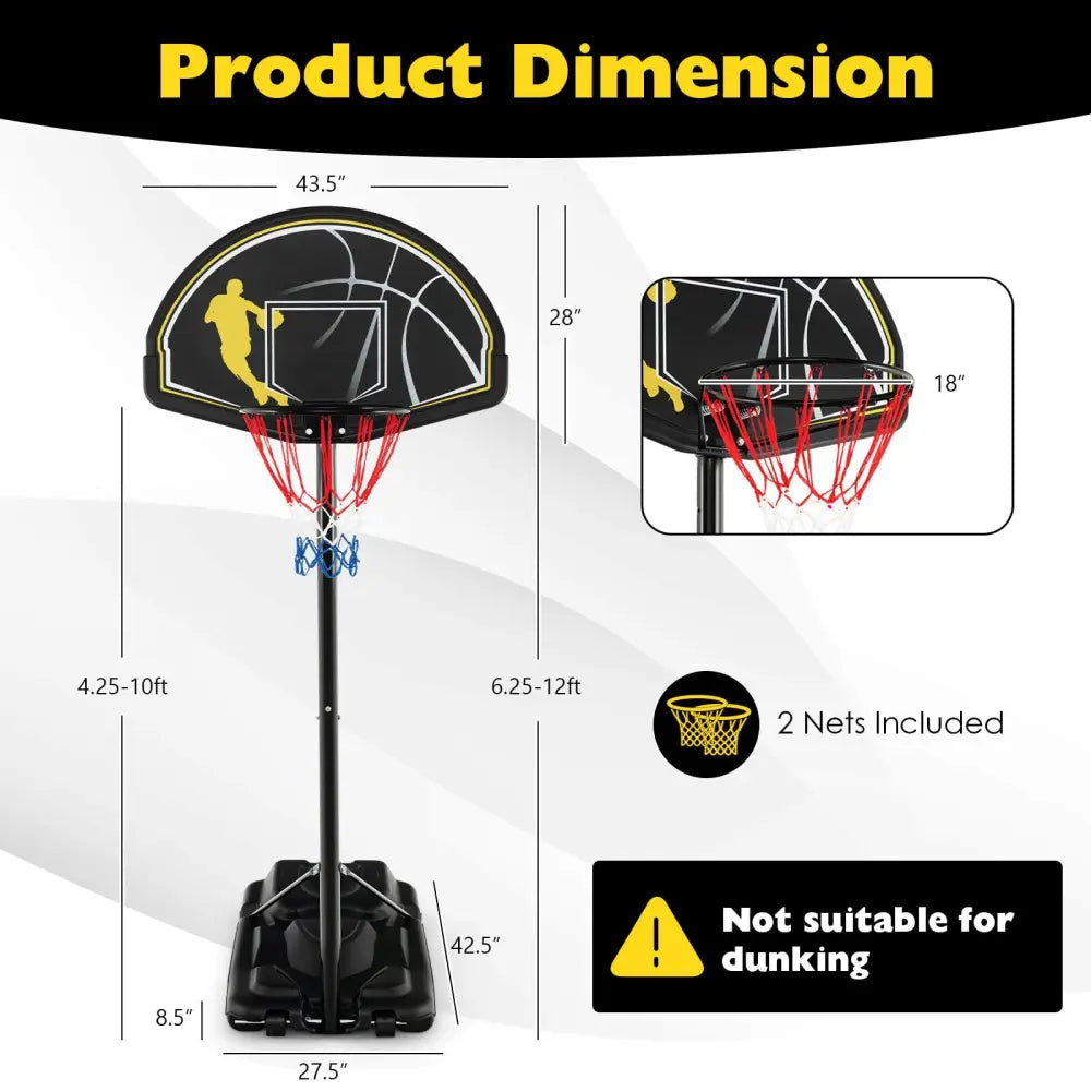 4.25-10 Feet Portable Adjustable Basketball Goal Hoop System - Black - Sport Equipments