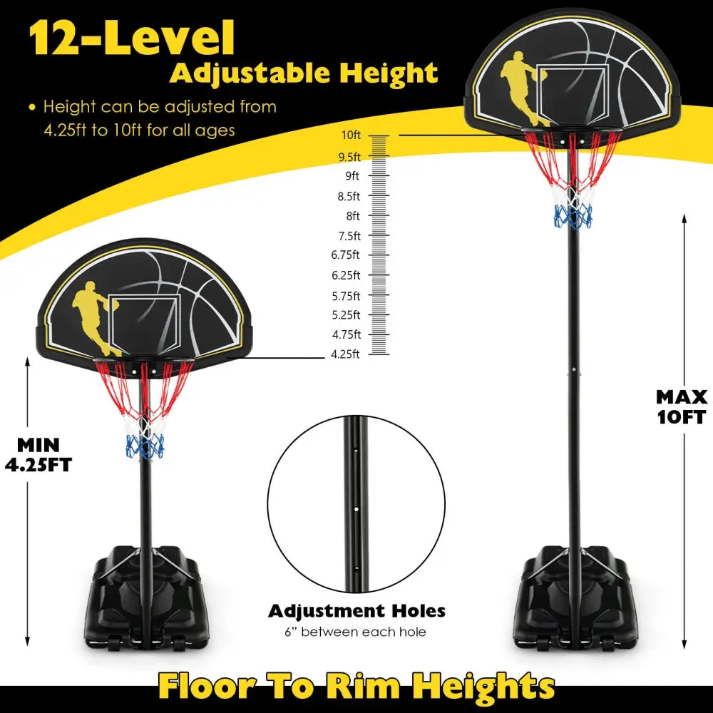4.25-10 Feet Portable Adjustable Basketball Goal Hoop System - Black - Sport Equipments