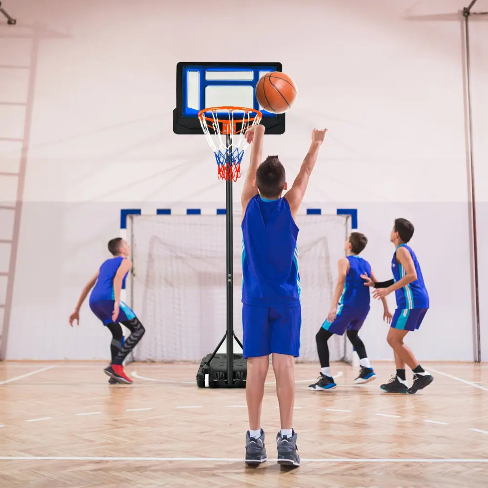 4.3-8.2 Feet Portable Basketball Hoop with Adjustable Height and Wheels-Blue - Black & Blue - Sport Equipments