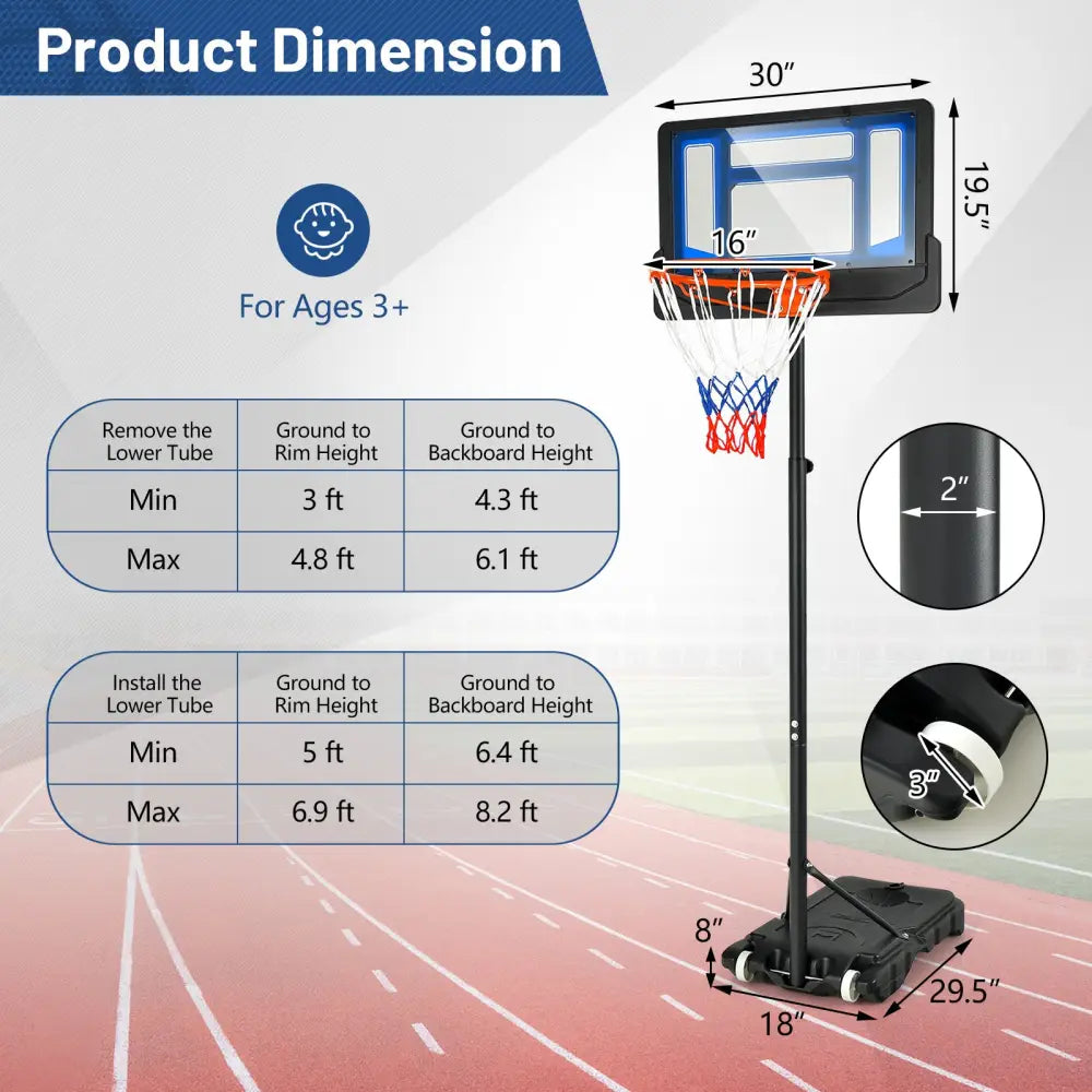 4.3-8.2 Feet Portable Basketball Hoop with Adjustable Height and Wheels-Blue - Black & Blue - Sport Equipments