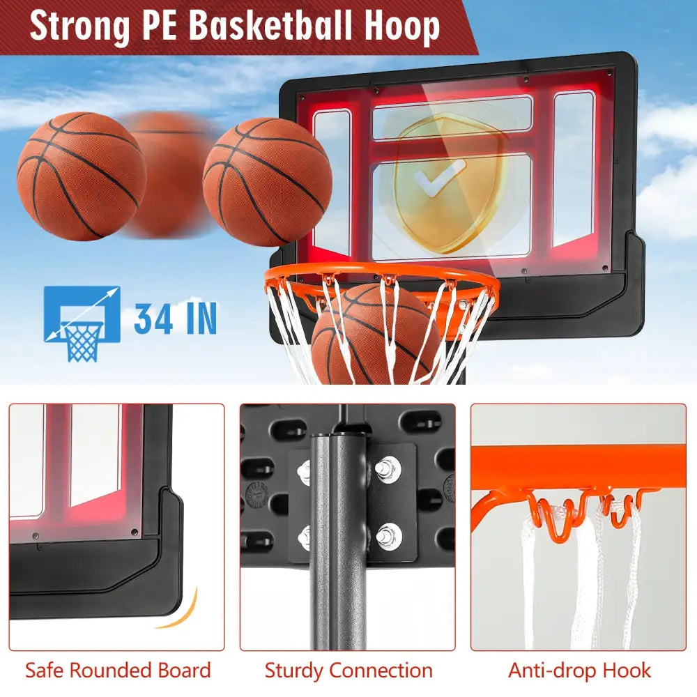 4.3-8.2 FT Portable Basketball Hoop with Adjustable Height and Wheels-Red - Black & Red - Sport Equipments