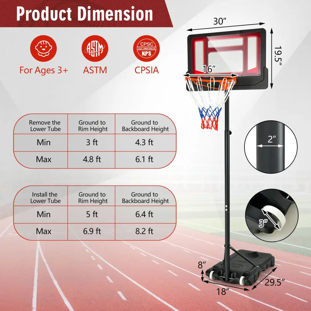 4.3-8.2 FT Portable Basketball Hoop with Adjustable Height and Wheels-Red - Black & Red - Sport Equipments
