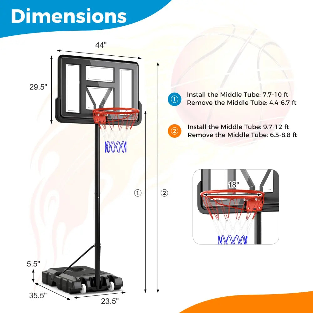4.4-10 Feet Portable Basketball Hoop Adjustable with 2 Wheels and Fillable Base-Black - Black - Sport Equipments