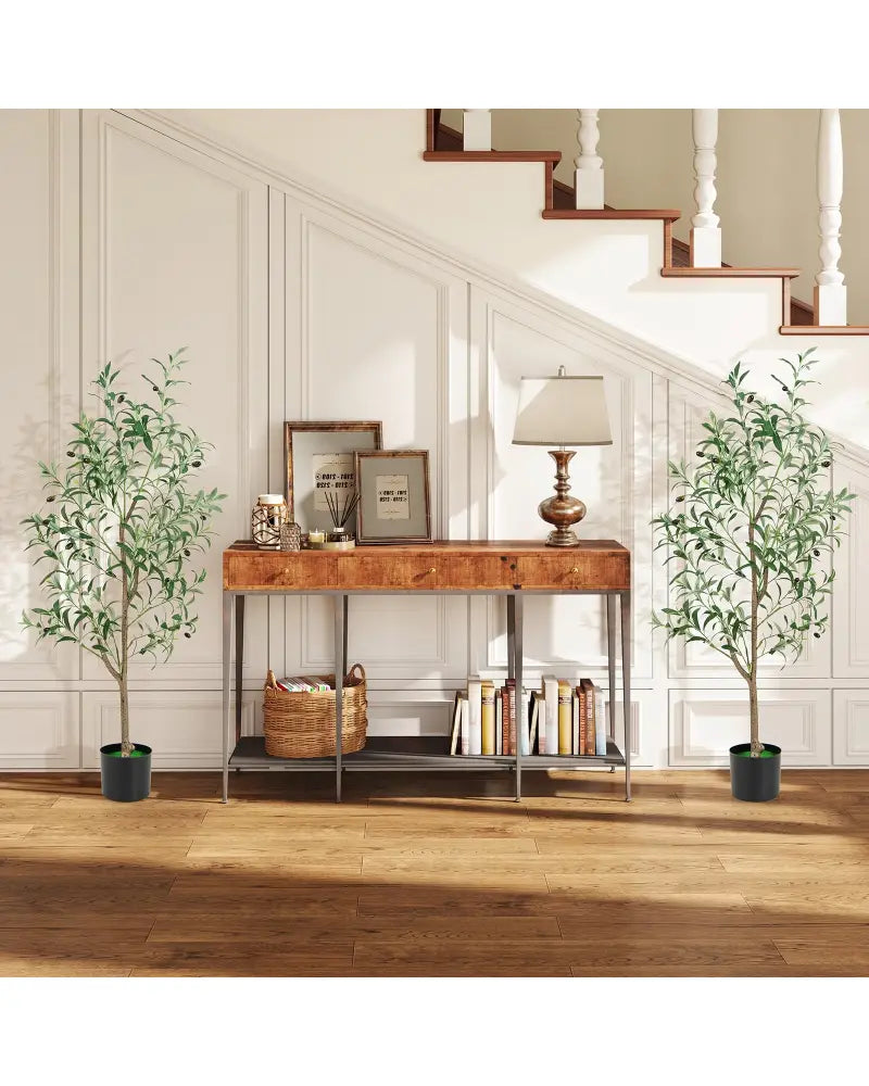 4.5 Feet Tall Artificial Olive Tree Fake Potted Trees with Realistic Fruits-Set of 2 - Green - Faux Plants