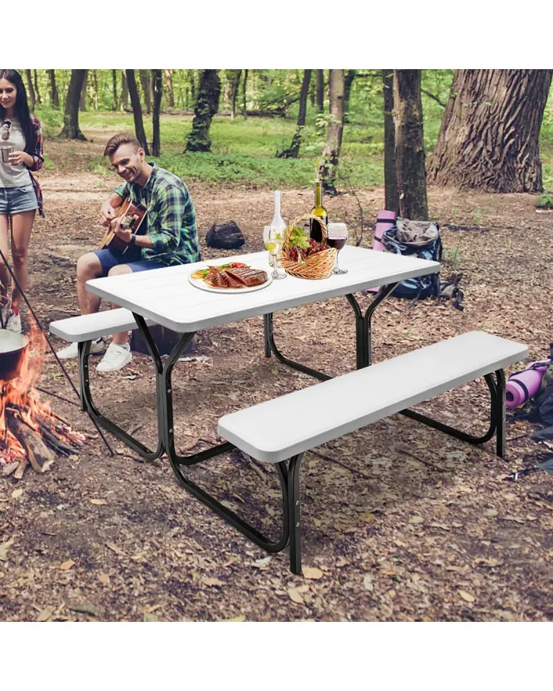4.5 FT Outdoor Picnic Table Bench Set with HDPE Tabletop for 4-Person-White - White - Picnic Tables