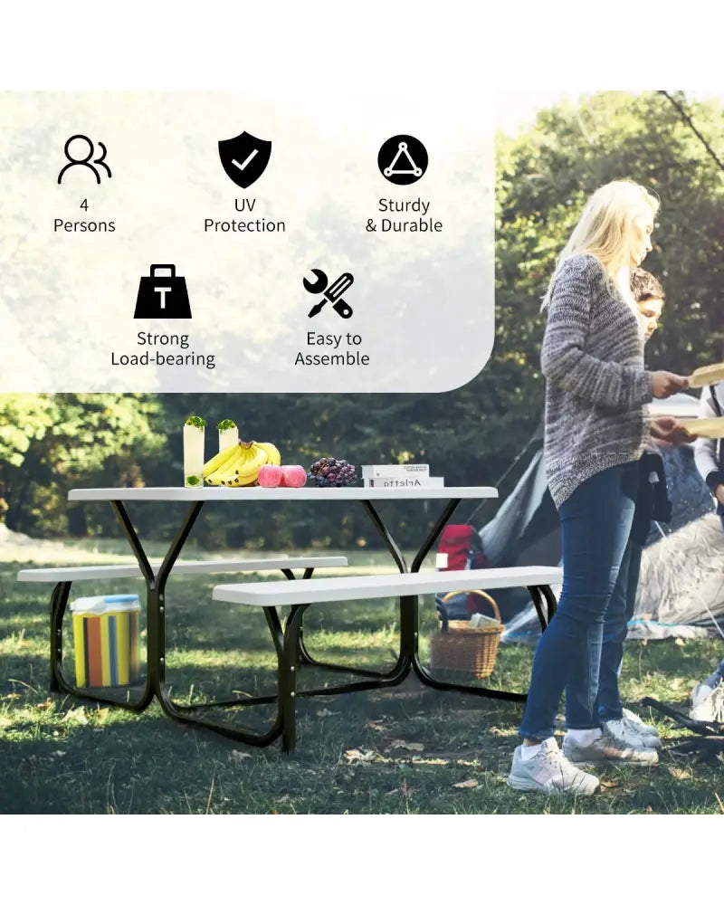 4.5 FT Outdoor Picnic Table Bench Set with HDPE Tabletop for 4-Person-White - White - Picnic Tables