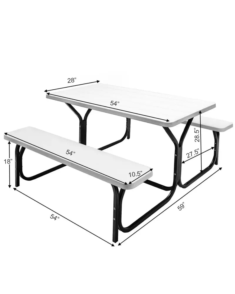4.5 FT Outdoor Picnic Table Bench Set with HDPE Tabletop for 4-Person-White - White - Picnic Tables