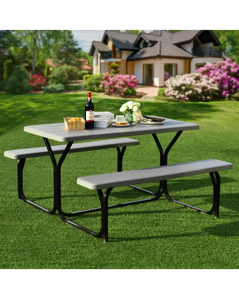 4.5 FT Outdoor Picnic Table Bench Set with HDPE Tabletop for 4-Person-Gray - Gray - Picnic Tables