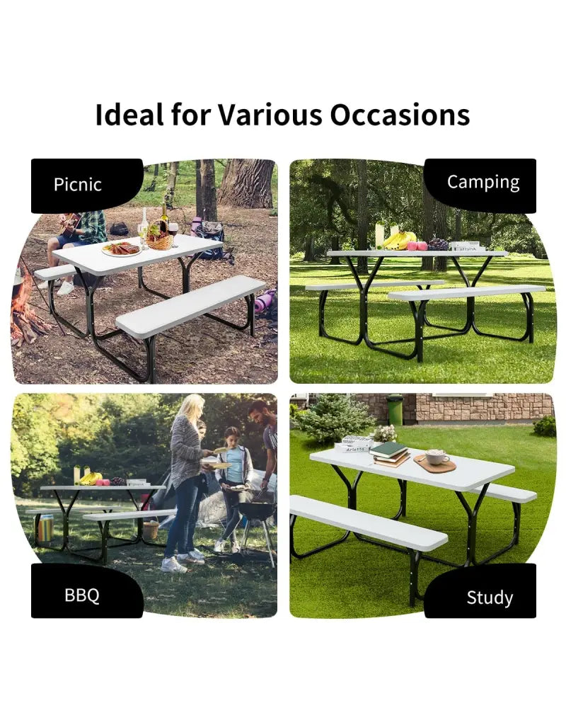 4.5 FT Outdoor Picnic Table Bench Set with HDPE Tabletop for 4-Person-White - White - Picnic Tables