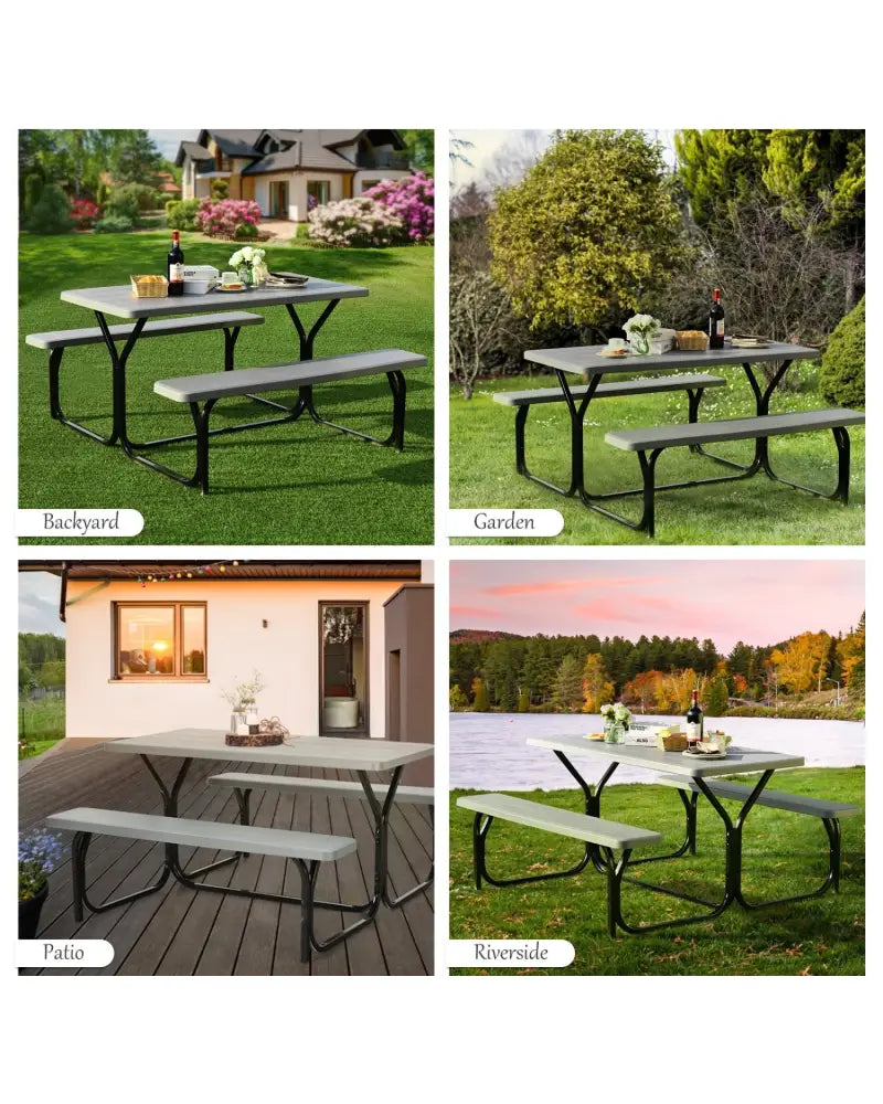 4.5 FT Outdoor Picnic Table Bench Set with HDPE Tabletop for 4-Person-Gray - Gray - Picnic Tables