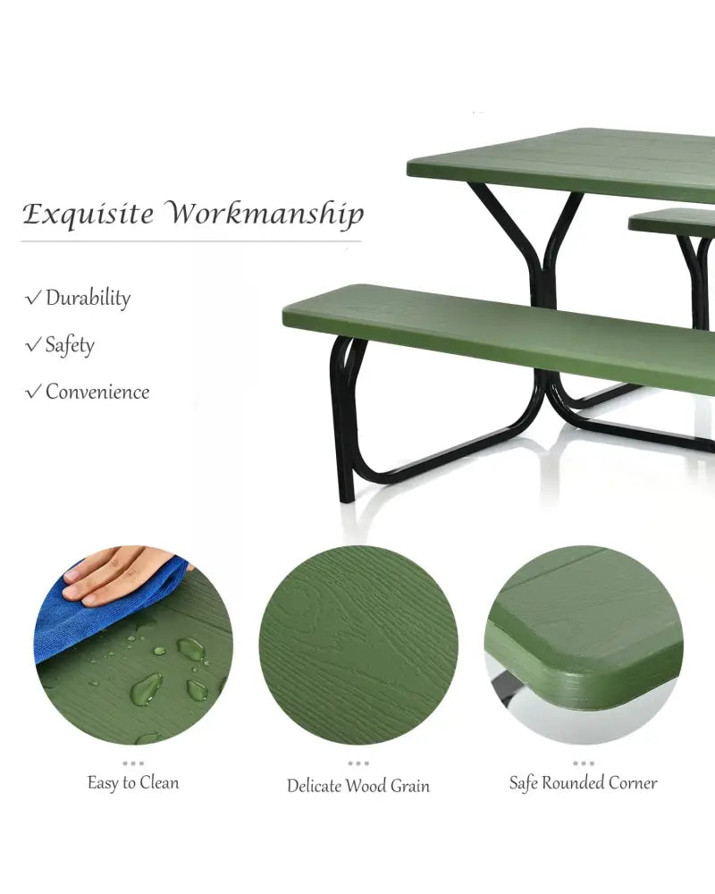 4.5 FT Outdoor Picnic Table Bench Set with HDPE Tabletop for 4-Person-Green - Green - Picnic Tables