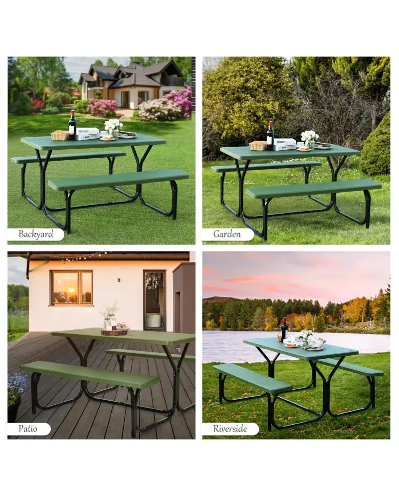4.5 FT Outdoor Picnic Table Bench Set with HDPE Tabletop for 4-Person-Green - Green - Picnic Tables