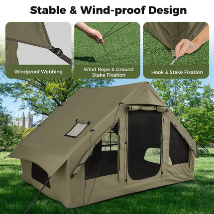 4-6 People Inflatable Camping Tent with 4 Mesh Screen Windows and 2 Doors-Green - Green - Tents