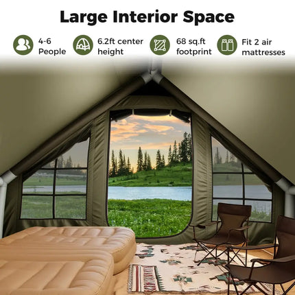 4-6 People Inflatable Camping Tent with 4 Mesh Screen Windows and 2 Doors-Green - Green - Tents