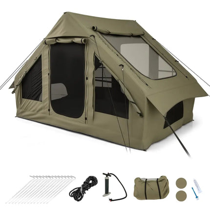 4-6 People Inflatable Camping Tent with 4 Mesh Screen Windows and 2 Doors-Green - Green - Tents