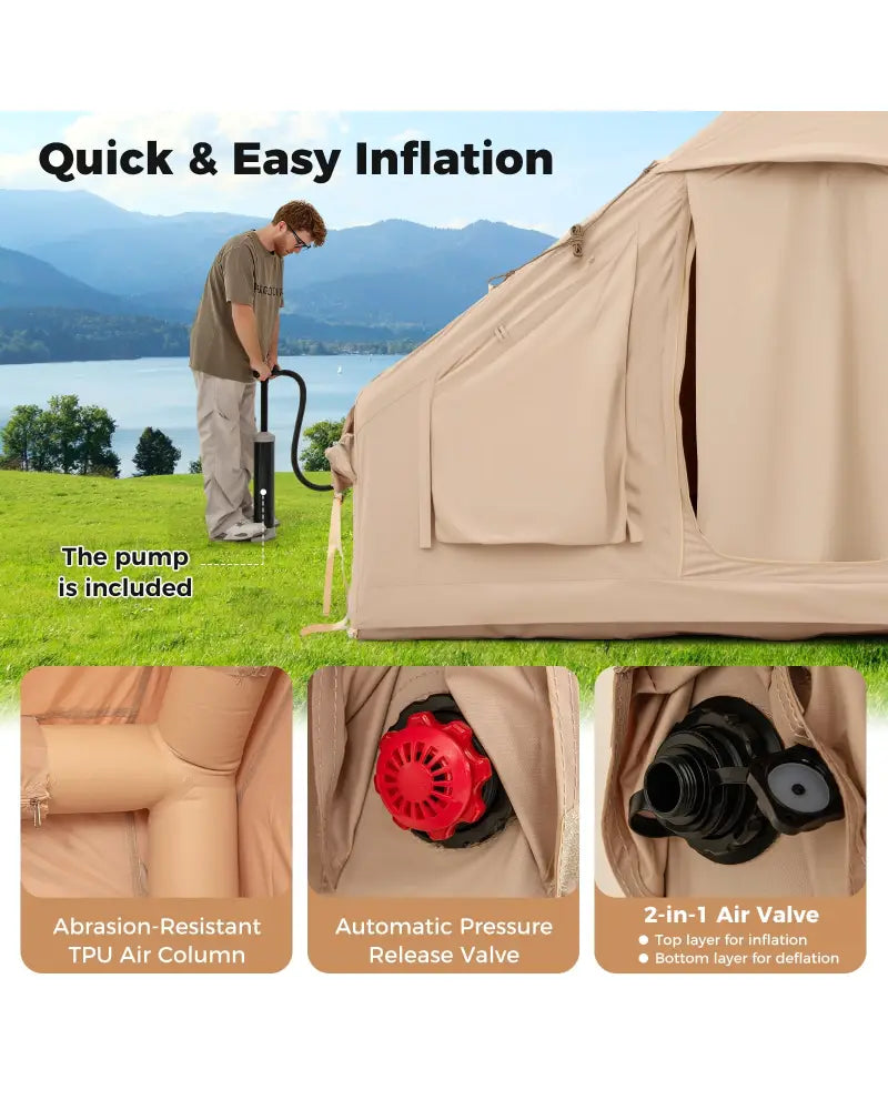 4-6 People Inflatable Camping Tent with 4 Mesh Screen Windows and 2 Doors-White - White - Tents