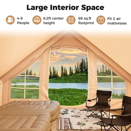4-6 People Inflatable Camping Tent with 4 Mesh Screen Windows and 2 Doors-White - White - Tents