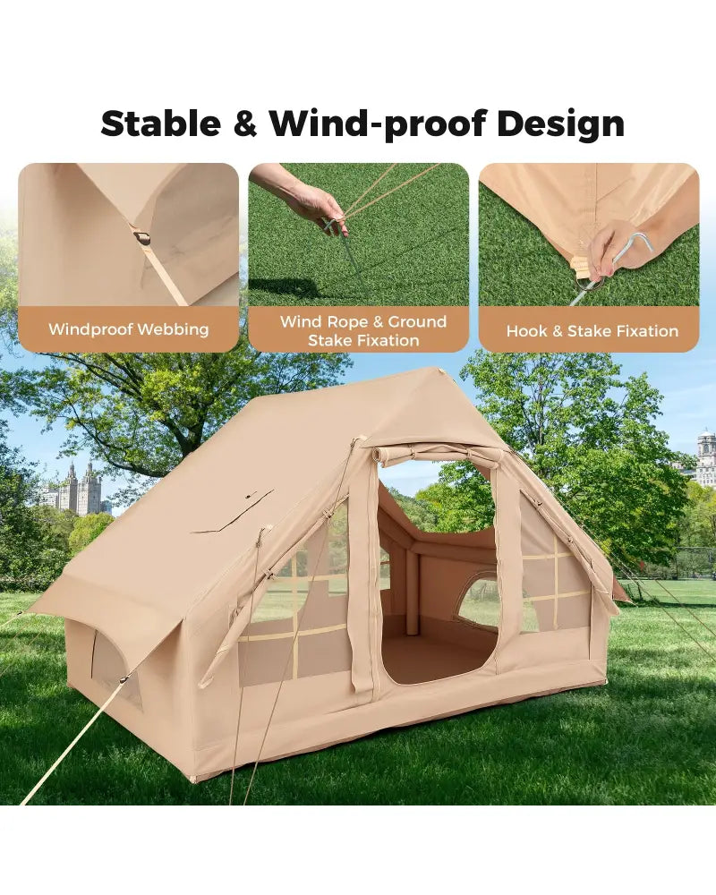 4-6 People Inflatable Camping Tent with 4 Mesh Screen Windows and 2 Doors-White - White - Tents