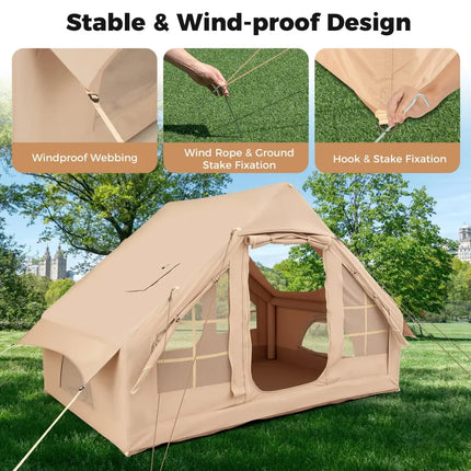4-6 People Inflatable Camping Tent with 4 Mesh Screen Windows and 2 Doors-White - White - Tents