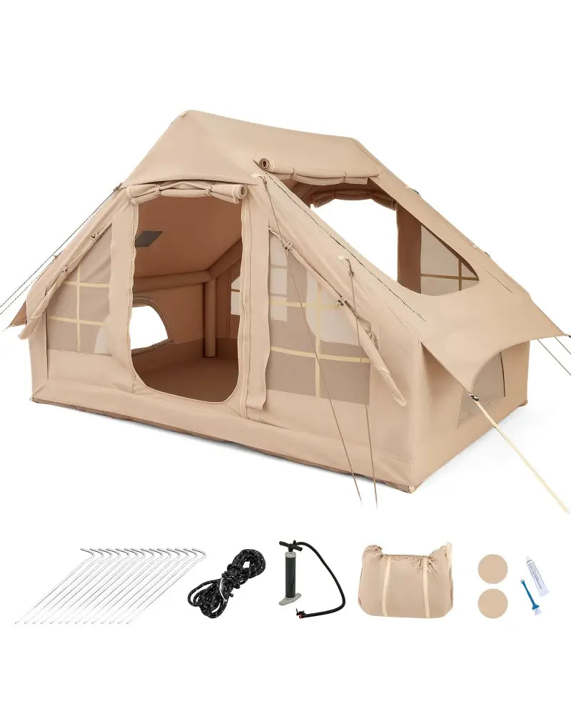 4-6 People Inflatable Camping Tent with 4 Mesh Screen Windows and 2 Doors-White - White - Tents