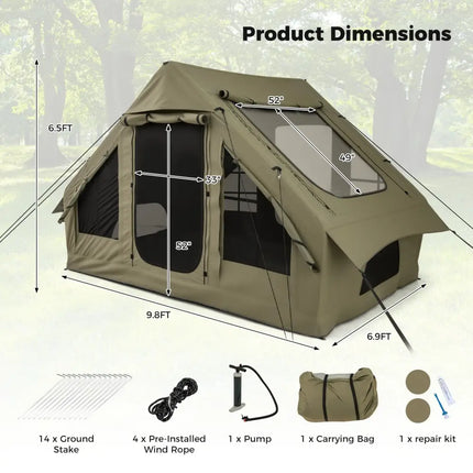 4-6 People Inflatable Camping Tent with 4 Mesh Screen Windows and 2 Doors-Green - Green - Tents