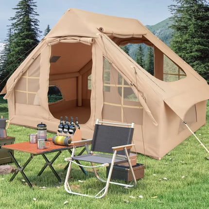 4-6 People Inflatable Camping Tent with 4 Mesh Screen Windows and 2 Doors-White - White - Tents