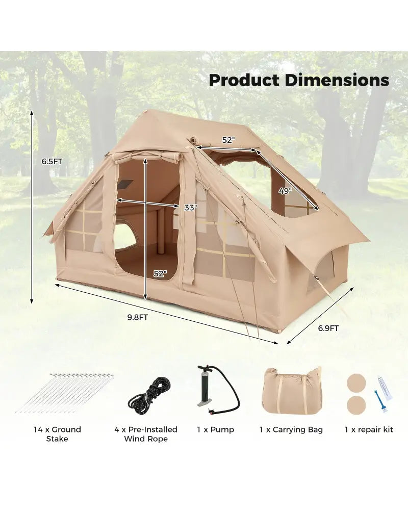 4-6 People Inflatable Camping Tent with 4 Mesh Screen Windows and 2 Doors-White - White - Tents