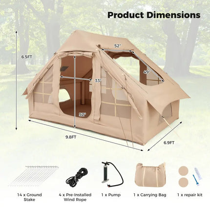 4-6 People Inflatable Camping Tent with 4 Mesh Screen Windows and 2 Doors-White - White - Tents