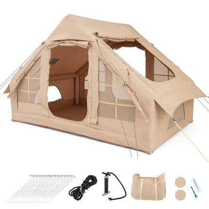 4-6 People Inflatable Camping Tent with 4 Mesh Screen Windows and 2 Doors-White - White - Tents