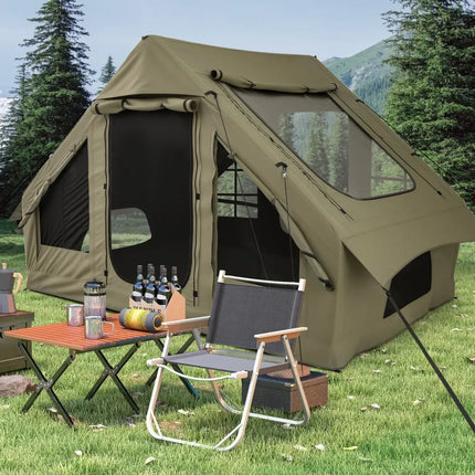 4-6 People Inflatable Camping Tent with 4 Mesh Screen Windows and 2 Doors-Green - Green - Tents