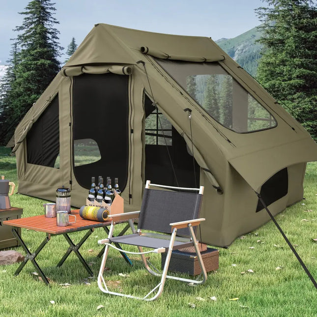 4-6 People Inflatable Camping Tent with 4 Mesh Screen Windows and 2 Doors-Green - Green - Tents
