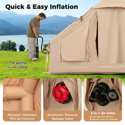 4-6 People Inflatable Camping Tent with 4 Mesh Screen Windows and 2 Doors-White - White - Tents
