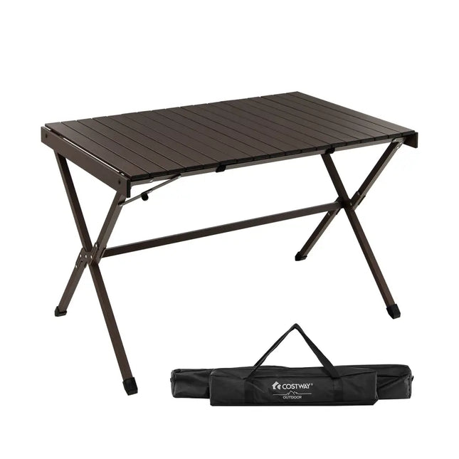 4-6 Person Portable Aluminum Camping Table with Carrying Bag-Brown - Brown - Camping Furniture