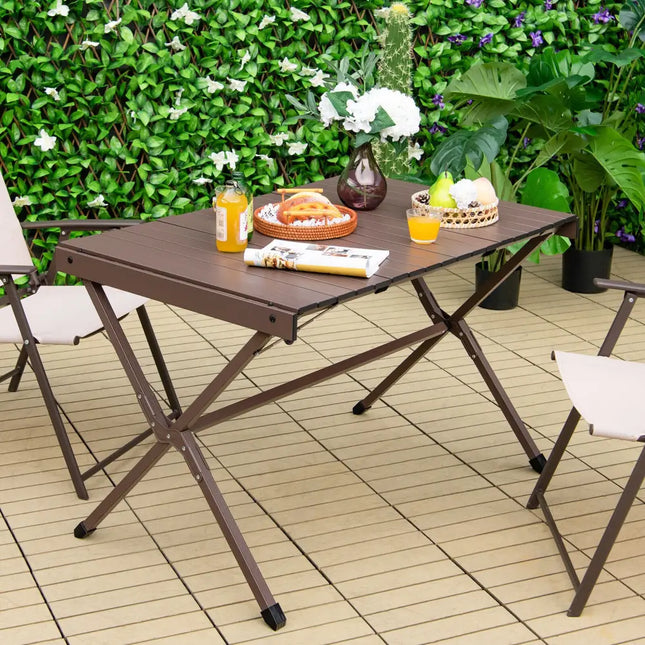 4-6 Person Portable Aluminum Camping Table with Carrying Bag-Brown - Brown - Camping Furniture