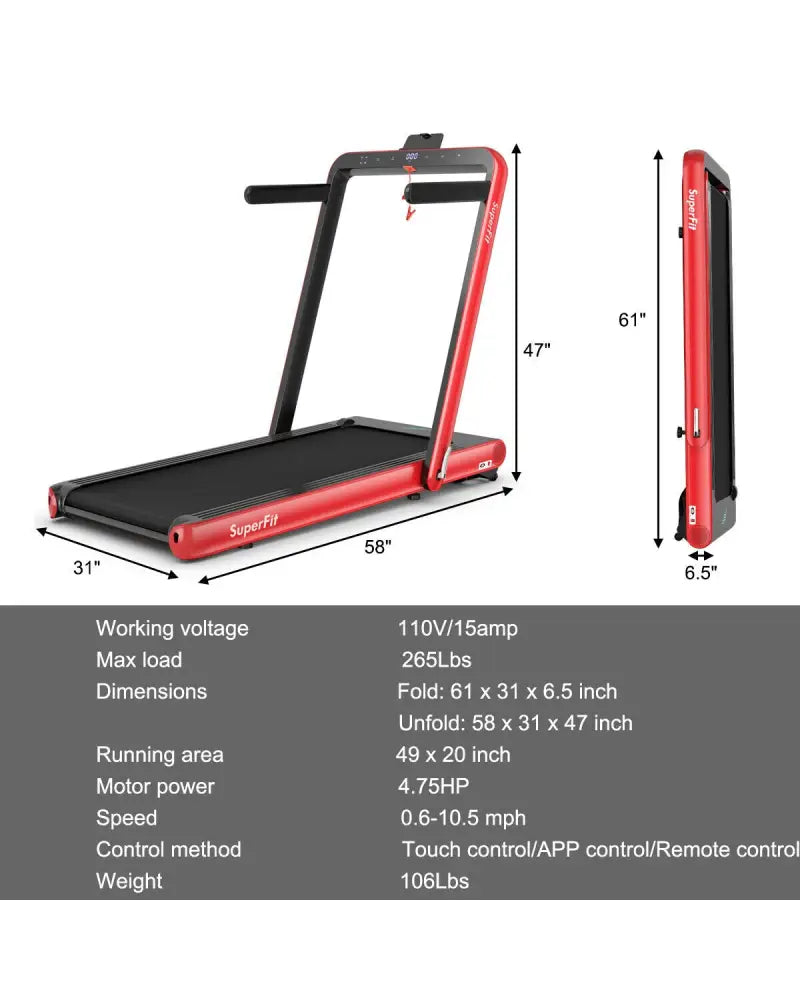 4.75HP 2 In 1 Folding Treadmill with Remote APP Control-Red - Red - Treadmills